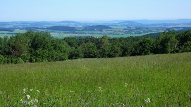 Od Kaliště pohled na Benešovsko, dva vrcholky v pozadí - ten vlevo je Neštětická hora u Konopiště