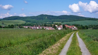 V pozadí vrcholky Džbánů, dole Jankov. Cesta vede k památníkům bitvy u Jankova.